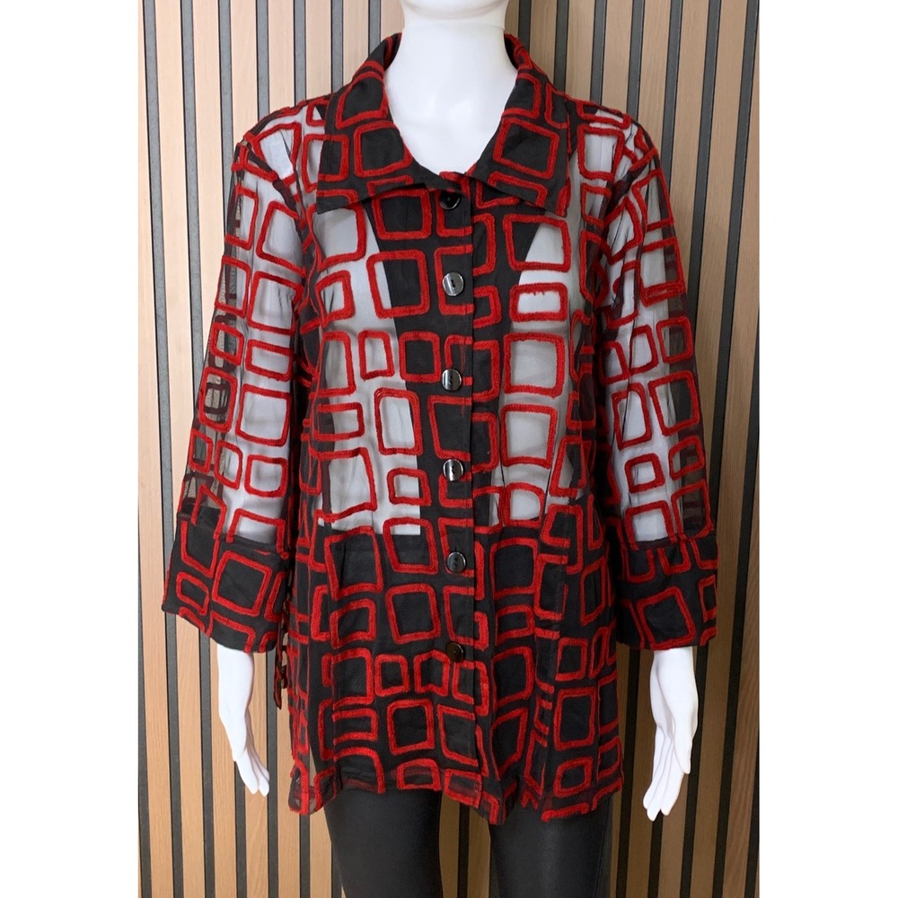 Ali Miles Red Black Geometric Mesh Sheer Button Front Top Shirt Lagenlook